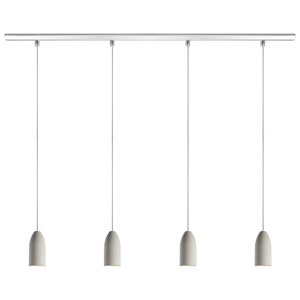 May include: A set of four pendant lights with white ceramic shades hanging from a silver track.