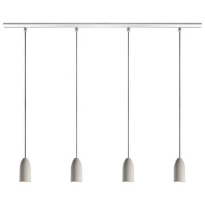 May include: A set of four white pendant lights with a silver track. The lights are suspended from the track by black cords.