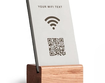Stojak na wyświetlacz Wi-Fi z betonu i dębu – personalizowany – kod QR do Wi-Fi