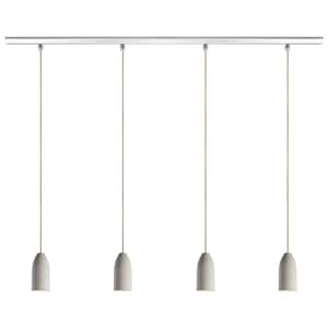 May include: A set of four white pendant lights hanging from a silver track. The lights are suspended by cords and have a simple, modern design.