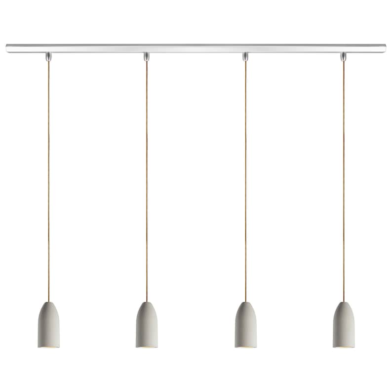 May include: A set of four white pendant lights hanging from a silver track. The lights are suspended by cords and have a simple, modern design.