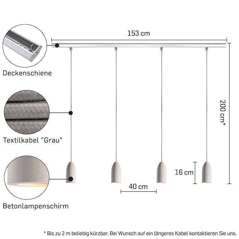 May include: A set of four concrete pendant lights with gray textile cords hanging from a silver track. The lights are 16 inches apart and the track is 60 inches long. The cords are adjustable up to 80 inches.