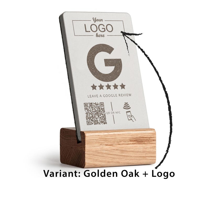 Podstawka NFC z recenzjami Google i kodem QR, wyświetlacz recenzji Google, stół, lada, znak recenzji Google, wyświetlacz kodu QR recenzji Google Golden Oak + Logo