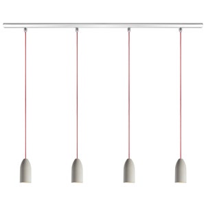 May include: Four white pendant lights with red cords hanging from a silver track.