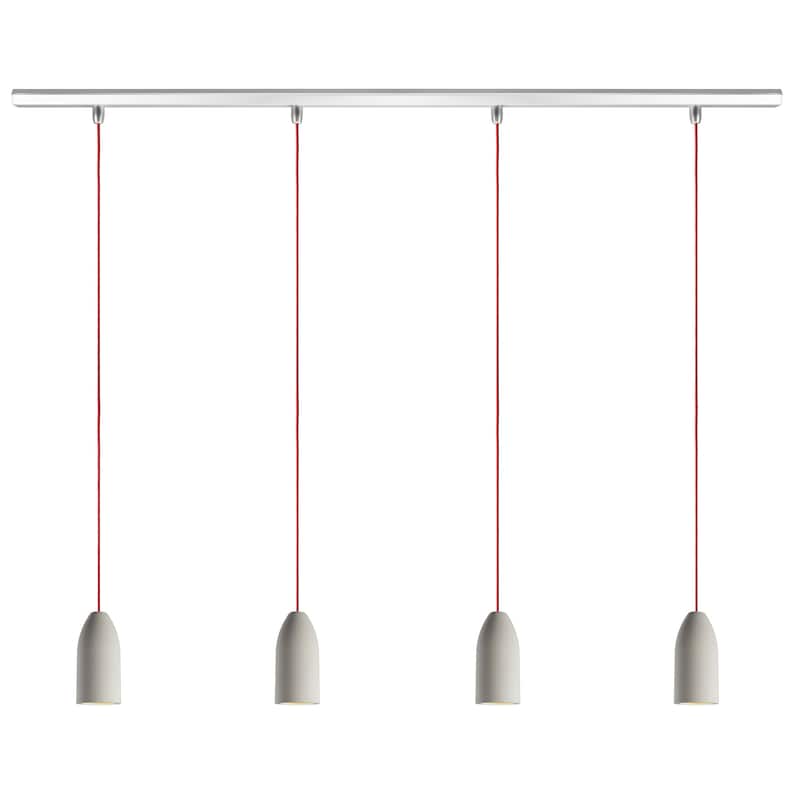 May include: Four white pendant lights with red cords hanging from a silver track.