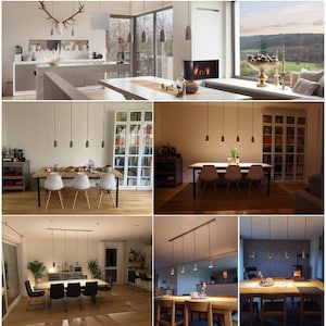 May include: A set of gray concrete pendant lights hanging over a dining table in a modern home. The lights are suspended from a thin metal rod and have a simple, minimalist design.
