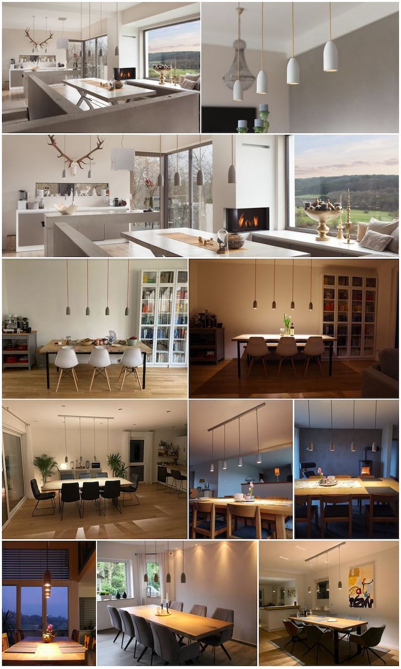 May include: A set of gray concrete pendant lights hanging over a dining table in a modern home. The lights are suspended from a thin metal rod and have a simple, minimalist design.
