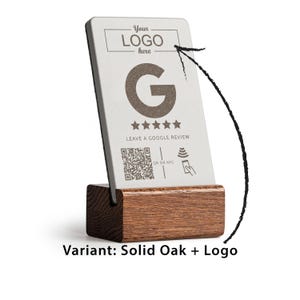 Podstawka NFC z recenzjami Google i kodem QR, wyświetlacz recenzji Google, stół, lada, znak recenzji Google, wyświetlacz kodu QR recenzji Google Solid Oak + Logo