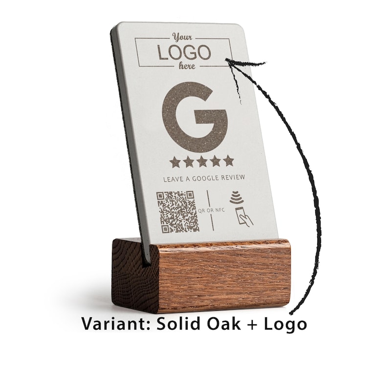 Podstawka NFC z recenzjami Google i kodem QR, wyświetlacz recenzji Google, stół, lada, znak recenzji Google, wyświetlacz kodu QR recenzji Google Solid Oak + Logo
