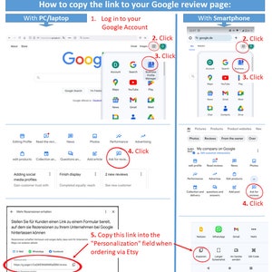 Może przedstawiać: Zrzut ekranu z komputera pokazujący instrukcje, jak skopiować link do strony z recenzjami Google. Instrukcje dotyczą zar&oacute;wno komputera stacjonarnego/laptopa, jak i smartfona. Instrukcje obejmują kliknięcie ikony "Menedżer profilu firmy", kliknięcie przycisku "Poproś o recenzje" i skopiowanie linku do strony z recenzjami. Tekst "Skopiuj ten link do pola "Personalizacja" podczas zamawiania przez Etsy" jest podświetlony na czerwono.