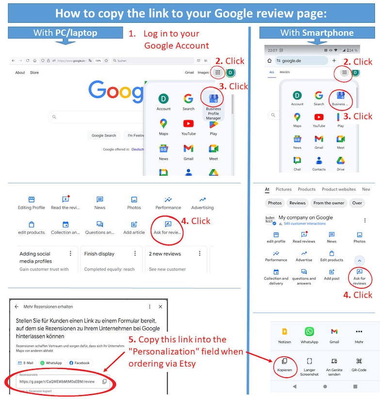 Może przedstawiać: Zrzut ekranu z komputera pokazujący instrukcje, jak skopiować link do strony z recenzjami Google. Instrukcje dotyczą zar&oacute;wno komputera stacjonarnego/laptopa, jak i smartfona. Instrukcje obejmują kliknięcie ikony "Menedżer profilu firmy", kliknięcie przycisku "Poproś o recenzje" i skopiowanie linku do strony z recenzjami. Tekst "Skopiuj ten link do pola "Personalizacja" podczas zamawiania przez Etsy" jest podświetlony na czerwono.