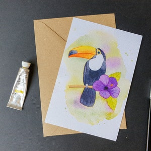 Tucán en acuarela: tarjeta de felicitación, postal o lámina artística de 18x13 cm