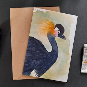 Aquarelle grue couronnée noire - carte de voeux, carte postale ou impression d'art de 7 x 5 pouces