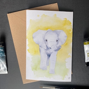 Acquerello di un elefante bambino – Biglietto d'auguri, cartolina o stampa artistica 7x5"