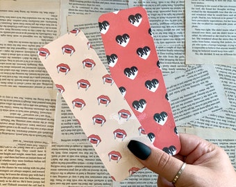 Vampire Teeth and Fiery Hearts Bookmarks | Books, Journals, Notebooks, Planners | Alternative Red Bookmarks | Booktok, Book Lover Gift Ideas