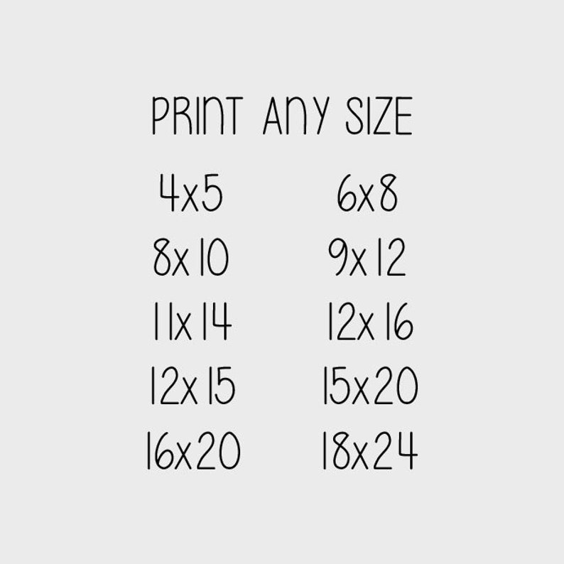 May include: A list of different print sizes for a product, such as a poster or photograph. The sizes are listed in inches, with the width first and the height second. The sizes are: 4x5, 6x8, 8x10, 9x12, 11x14, 12x16, 12x15, 15x20, 16x20, and 18x24.