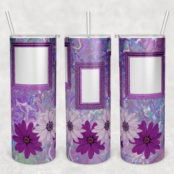 20 oz Skinny Tumbler Design Purple Daisy Photo Frame Tumbler Three photo frames Sublimation Design PNG Instant Digital Download Design