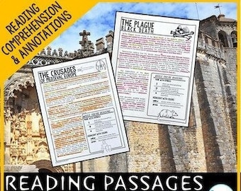 Può includere: Due fogli di lavoro di comprensione della lettura in bianco e nero con i titoli "Le Crociate dell'Europa medievale" e "La Peste Nera". I fogli di lavoro sono su uno sfondo di un edificio in pietra con un arco decorativo.