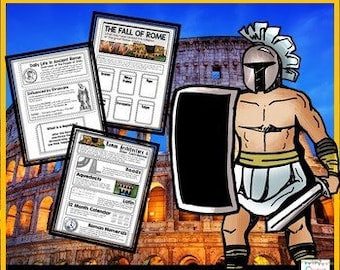 May include: An interactive notebook for teaching about Ancient Rome. The notebook includes activities, worksheets, and information about Roman history, culture, and daily life. The cover features a Roman soldier in armor, a shield, and a sword, standing in front of the Colosseum.