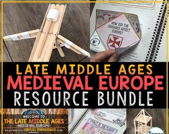 Può includere: Un pacchetto di risorse per insegnare sulla tarda età medievale nell'Europa medievale. Il pacchetto include attività STEM, quaderni interattivi, brani di lettura, una presentazione di PowerPoint interattiva, risorse di Google Classroom e valutazioni. L'immagine mostra una varietà di materiali, tra cui una catapulta modello, un libro pieghevole, un'esperienza virtuale e una linea temporale della peste.