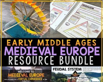 Può includere: Un pacchetto di risorse per l'insegnamento sull'Alto Medioevo e l'Europa medievale. Il pacchetto include attività STEM, un quaderno interattivo, brani di lettura, una presentazione di PowerPoint interattiva, risorse di Google Classroom e una valutazione. L'immagine mostra una ruota colorata, un quaderno con un diagramma del feudalesimo e una schermata di benvenuto per un'esperienza virtuale dell'Europa medievale.