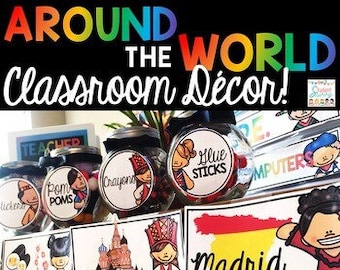 May include: Classroom decor featuring colorful jars with labels like "Pom Poms", "Crayons", and "Blue Sticks". There are also signs with illustrations of people and landmarks from different countries, including Japan, Russia, and Spain.