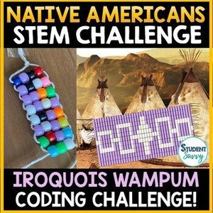 May include: A colorful beaded bracelet and a purple beaded mat with a geometric pattern. The image is titled "Iroquois Wampum Coding Challenge!" and is part of a Native Americans STEM Challenge.