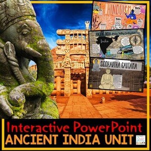 May include: An interactive PowerPoint presentation on Ancient India. The presentation features images of an elephant statue, a temple, a map of India, and a Buddha statue. The text "Ancient India" is visible in the image.