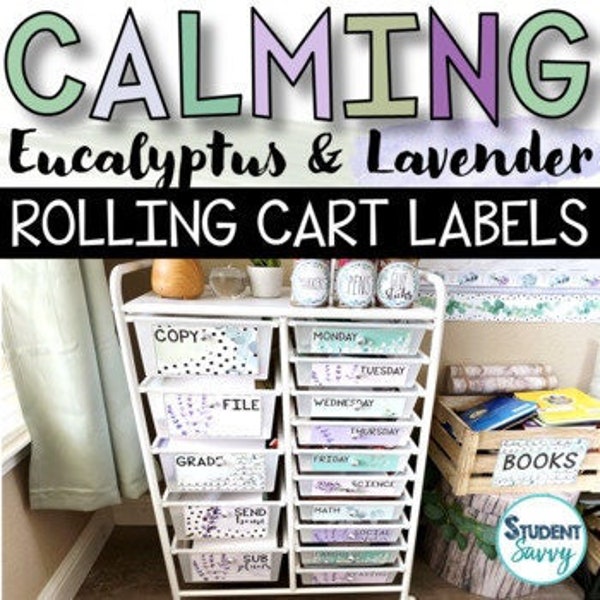 Eucalyptus Rolling Cart Classroom Labels - Editable Calming Classroom Decor