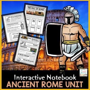 Può includere: Un quaderno interattivo per insegnare sull'antica Roma. Il quaderno include attività, fogli di lavoro e informazioni sulla storia, la cultura e la vita quotidiana romana. La copertina presenta un soldato romano in armatura, uno scudo e una spada, in piedi di fronte al Colosseo.