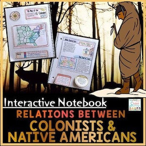Puede incluir: Cuaderno interactivo para enseñar sobre la relación entre los colonos y los nativos americanos. La portada presenta un dibujo de un hombre nativo americano con ropa tradicional de pie en un bosque nevado. El cuaderno tiene un mapa de los Estados Unidos y un dibujo de una casa colonial.