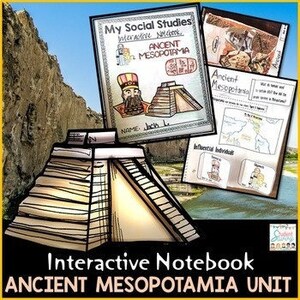 May include: An interactive notebook for teaching about Ancient Mesopotamia. The cover features a colourful illustration of a ziggurat, a type of pyramid-shaped temple. The text "My Social Studies Interactive Notebook Ancient Mesopotamia" is printed on the cover.
