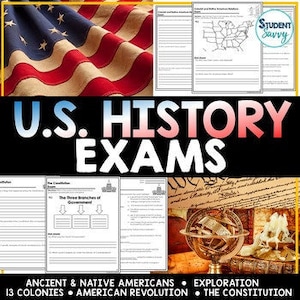 Può includere: Un collage di immagini relative alla storia degli Stati Uniti. In alto a sinistra, sventola una bandiera americana. Il testo "U.S. HISTORY EXAMS" è ben visibile. Altre immagini includono fogli di lavoro, mappe e un mappamondo, con argomenti come "Antichi e nativi americani" e "La Costituzione".
