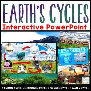 May include: Interactive PowerPoint presentation about Earth's cycles, including the carbon, water, and oxygen cycles. The presentation features diagrams with arrows showing the flow of energy and matter. The text "POWER WORDS" is displayed in a separate slide, with the words "carbon", "cycle", and "water" highlighted.