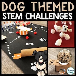 May include: A set of three dog-themed STEM challenges for children. The first challenge features a dog agility course with a seesaw, tunnel, and jumps. The second challenge is a dog made out of marshmallows and toothpicks. The third challenge is a dog treat dispenser with a pull lever.