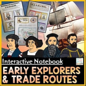 May include: Interactive notebook for early explorers and trade routes. The notebook features illustrations of explorers, maps, and a compass. The cover features a ship sailing on the ocean.