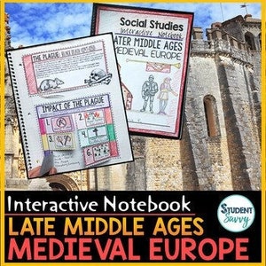 May include: Two open notebooks with the titles "The Plague" and "Impact of the Plague" are displayed. The notebooks are labeled "Social Studies Interactive Notebook Late Middle Ages Medieval Europe". The background features a stone castle.