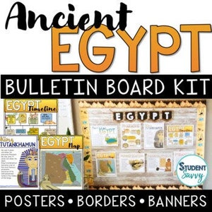 May include: A bulletin board kit for teaching about ancient Egypt. The kit includes posters, borders, and banners. The posters feature images of Egyptian hieroglyphs, a map of Egypt, and a timeline of ancient Egyptian history. The kit also includes a poster featuring King Tutankhamun.