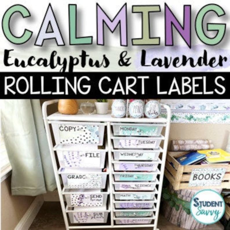 Eucalyptus Rolling Cart Classroom Labels Editable Calming Classroom Decor image 1