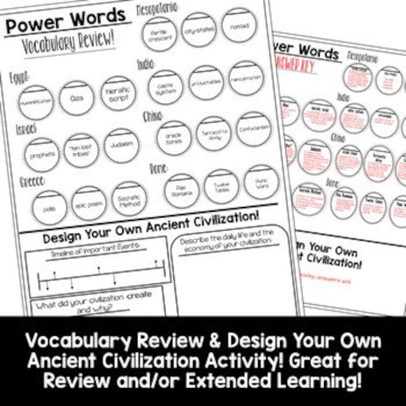 K&ouml;nnte beinhalten: Schwarzwei&szlig;es druckbares Arbeitsblatt mit dem Titel "Power Words Vocabulary Review!" und "Design Your Own Ancient Civilization!" Das Arbeitsblatt enth&auml;lt eine Vokabelliste mit W&ouml;rtern zu alten Zivilisationen und einen Abschnitt, in dem die Sch&uuml;ler ihre eigene Zivilisation entwerfen k&ouml;nnen.