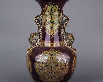 Antique Monumental Zsolnay Vase with Reticulated Rim and Handles from 1885