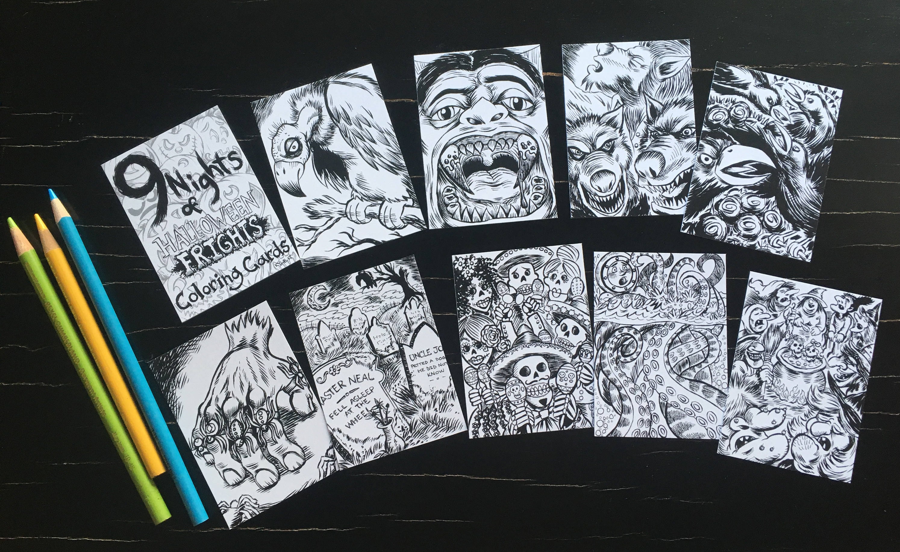 Halloween Coloring Trading Cards 9 Nights of Halloween Etsy