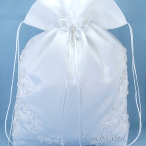 Satin Bridal Money Bag E1D4MB with Pearl-Embellished Floral Lace, in LARGE size, for Envelopes and cards, and etc. White