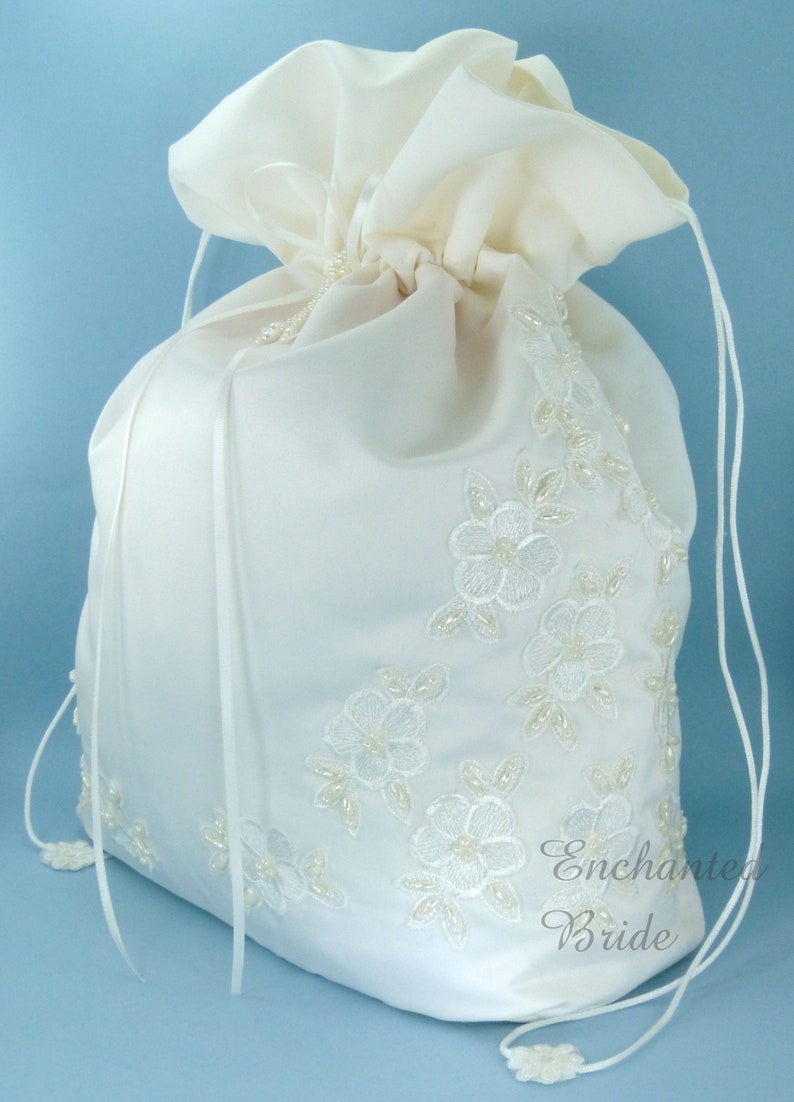 Satin Bridal Money Bag E1D4MB with Pearl-Embellished Floral Lace, in LARGE size, for Envelopes and cards, and etc. image 2