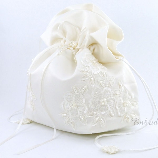 ENBRIDE Satin Bridal Wedding Money Bag (#E1D4DB) with Pearl-Embellished Floral Lace for Dollar Dance, Bridal Purse & Other Special Occasions