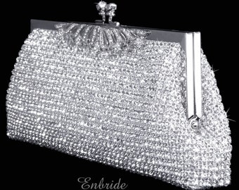 ENBRIDE Dazzling Crystals Rhinestones Soft Clutch Evening Bag Baguette Handbag Purse with Detachable Chain style# E201