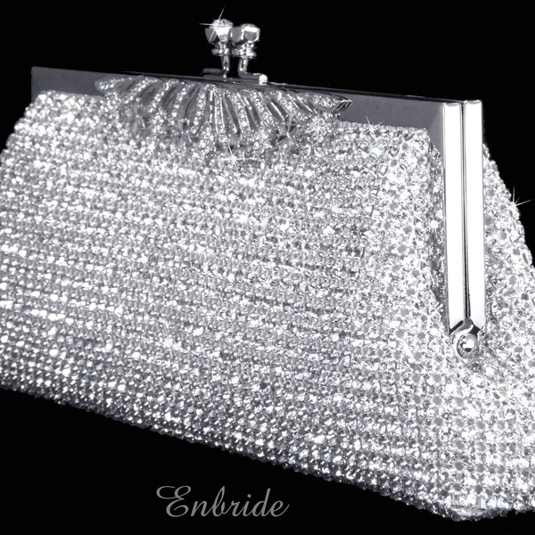 ENBRIDE Dazzling Crystals Rhinestones Soft Clutch Evening Bag Baguette Handbag Purse with Detachable Chain style# E201