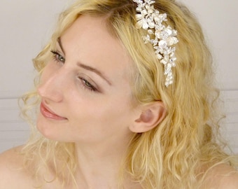 Enchanted Brides Handcrafted Wedding Headpiece of Elegant Keshi Pearl, Freshwater Pearl Flowers, and Soft Silver Metal Flowers (#98B3fcs)