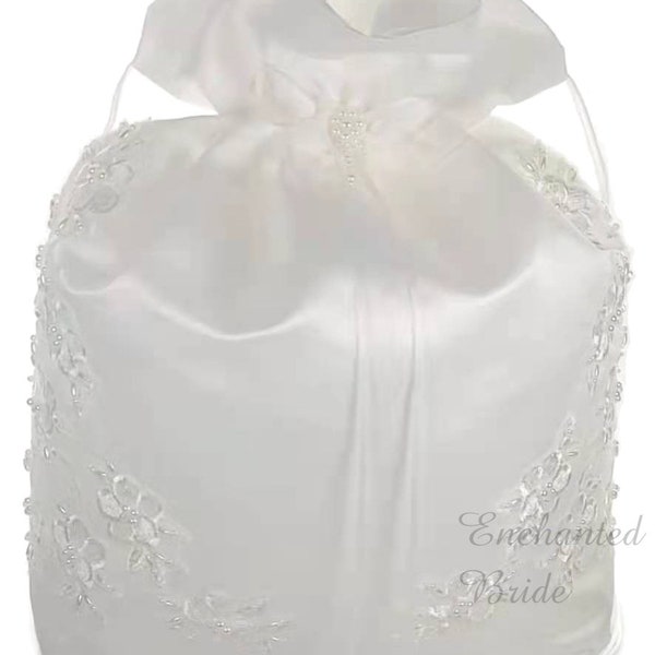 Satin Bridal Card Bag (#E1D4CB) with Pearl-Embellished Floral Lace, in LARGE size, for Envelopes and cards, and etc.