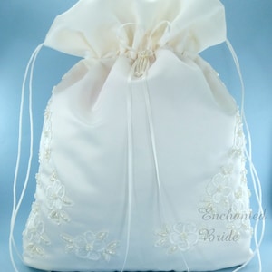 Satin Bridal Money Bag (#E1D4MB) with Pearl-Embellished Floral Lace, in LARGE size, for Envelopes and cards, and etc.